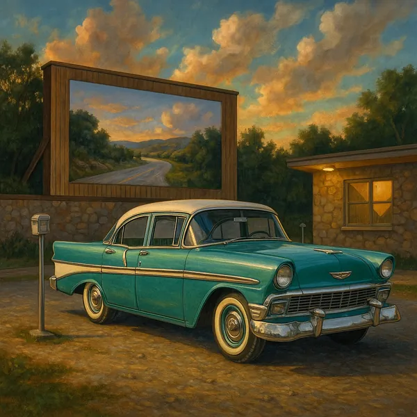 This image captures a classic 1950s car parked at a nostalgic drive-in theater.