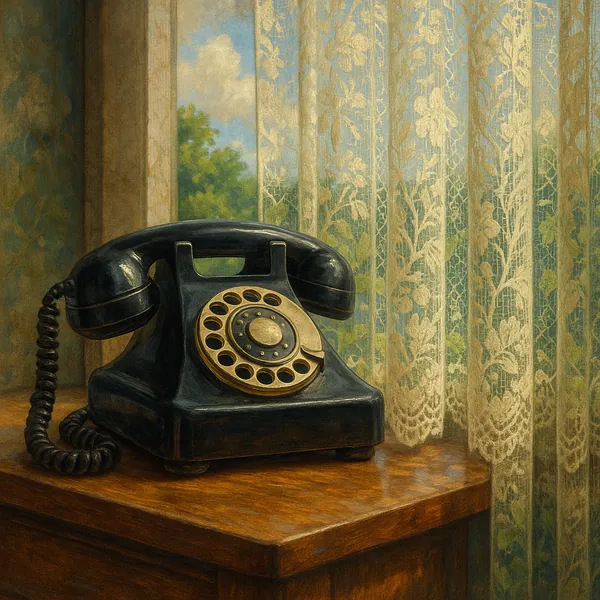 This image features a classic black rotary phone resting on a polished wooden table.