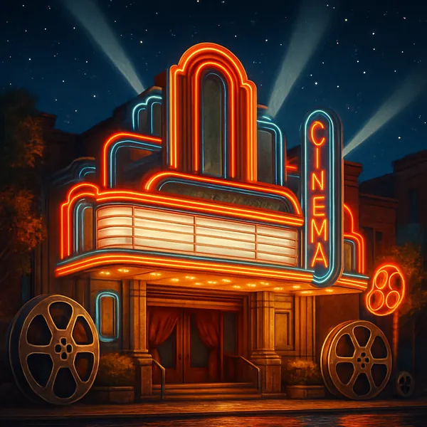 This image captures a retro cinema marquee glowing vibrantly under a starlit night sky.