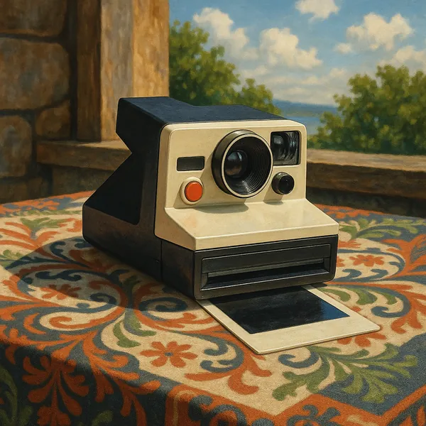 A classic Polaroid camera is prominently displayed on a colorful, patterned tablecloth.