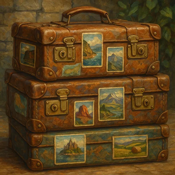 This image showcases a stack of two vintage suitcases adorned with travel stickers.
