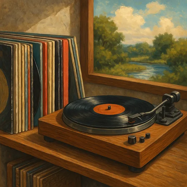 The image portrays a cozy scene featuring a vintage turntable and a collection of vinyl records neatly arranged on a wooden shelf.