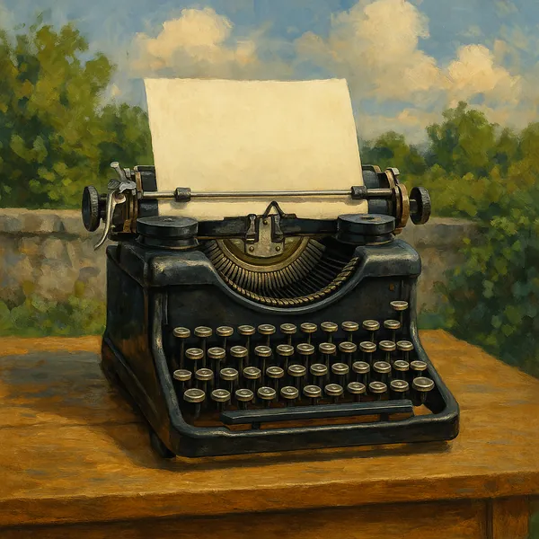 A classic typewriter sits prominently on a wooden table, poised in an outdoor setting that evokes a sense of nostalgia.