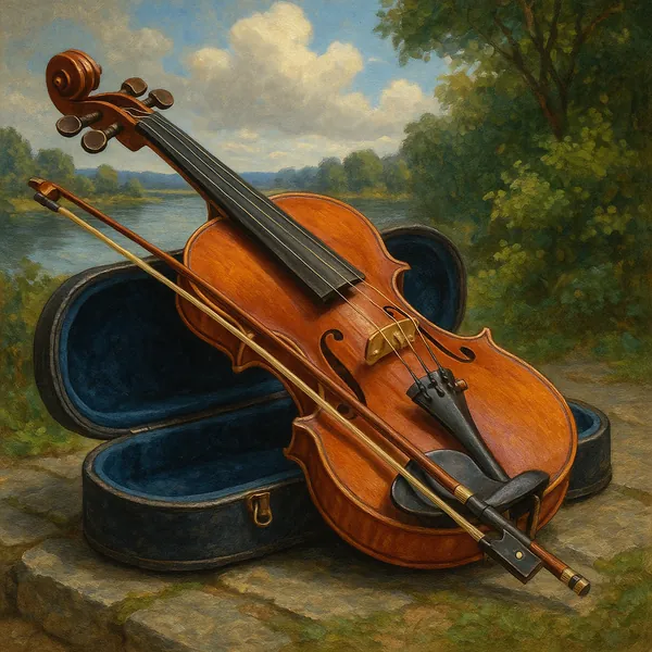 This image features a beautifully crafted violin resting on a plush velvet-lined case.