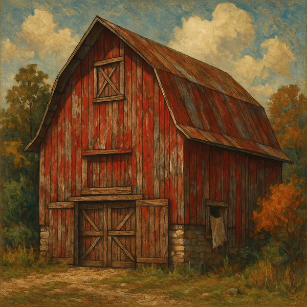 This image depicts a rustic barn with weathered wood and a coat of red paint, set against a picturesque autumn landscape.