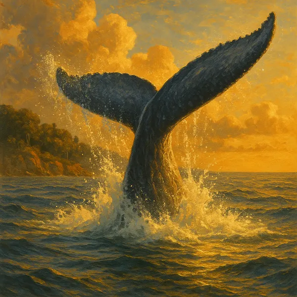 The image captures the dramatic moment of a whale's tail breaching the ocean's surface amidst a splash of water.
