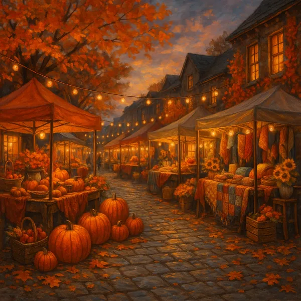 This image captures a vibrant street market set during dusk in autumn.