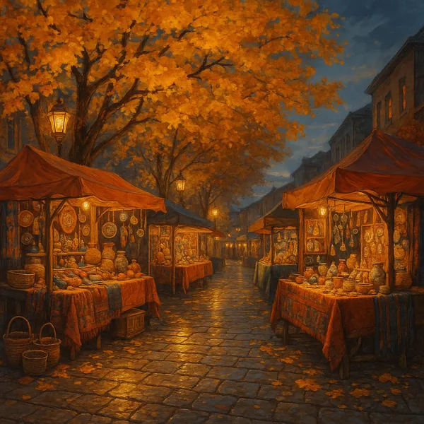 This image captures a vibrant autumn street market at dusk, where warm lights illuminate the scene under a canopy of golden leaves.