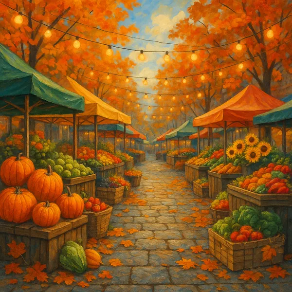 This vibrant image captures a bustling autumn street market, adorned with colorful stalls brimming with seasonal produce.