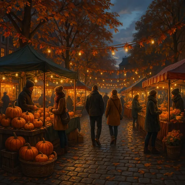 This image captures a vibrant autumn street market at dusk, bathed in a warm glow from string lights.