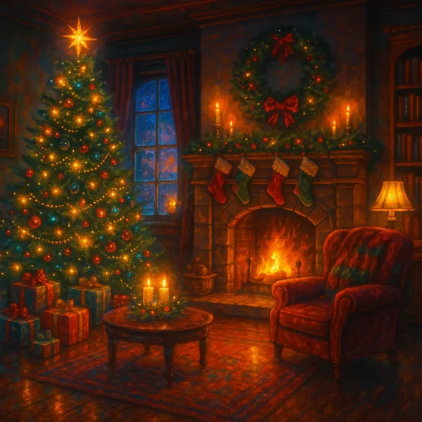 This image depicts a cozy Christmas living room, perfect for a holiday-themed puzzle.