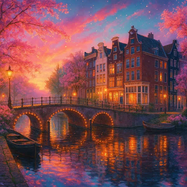 This image features a picturesque view of Amsterdam's canals in spring, ideal for a puzzle.