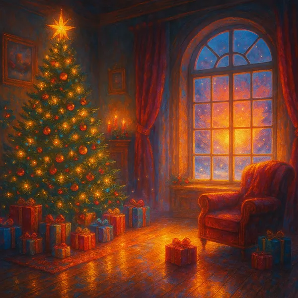This image depicts a cozy Christmas morning scene, perfect for a holiday-themed jigsaw puzzle.