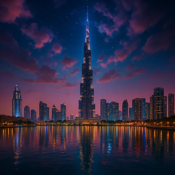 This puzzle features a high-clarity, realistic image of the Dubai skyline at night.