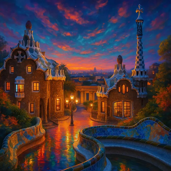 This image features a vibrant, photo-real depiction of Park Güell in Barcelona, capturing the essence of urban life with its iconic architecture.