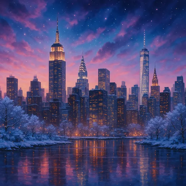This image of the New York City winter skyline features a striking, realistic depiction of iconic skyscrapers under a vibrant, colorful sky.