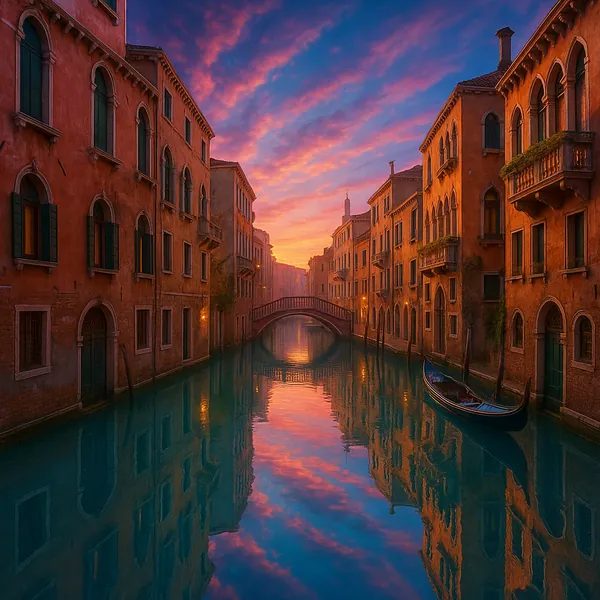 This image of Venice Canals at dawn captures a serene urban scene with calm, crystal-clear waters reflecting the pastel hues of the sky and historic architectur