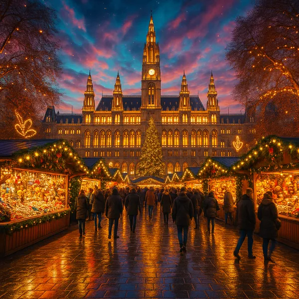 This image captures the enchanting Vienna Christmas Market with a festive atmosphere.