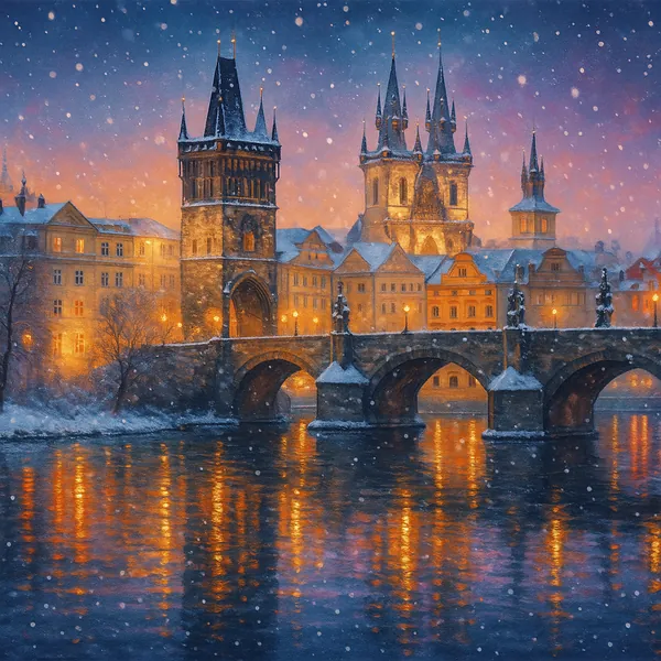 This image features a picturesque winter scene of Prague's Old Town, showcasing its iconic architecture under a blanket of snow.