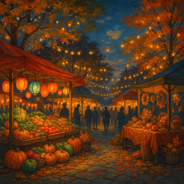 This image captures a vibrant festival market at dusk, characterized by an array of colorful lanterns hanging from the stalls.