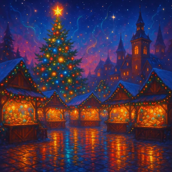 This vibrant image captures a festive Christmas market scene, perfect for a holiday-themed puzzle.