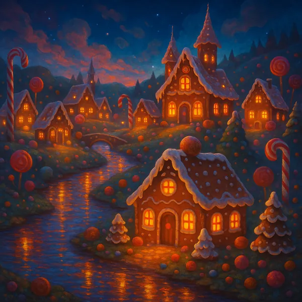 This image depicts a whimsical gingerbread village under a starlit sky, perfect for a holiday-themed puzzle.