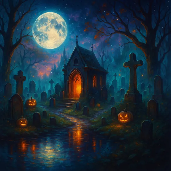 This image depicts a mysterious old cemetery under a glowing full moon, perfect for a Halloween-themed jigsaw puzzle.
