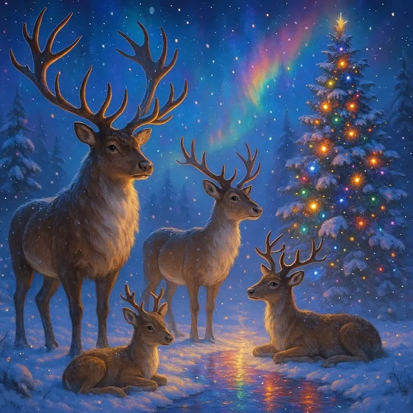 This image features a serene winter scene with reindeer standing and resting on snow-covered ground.