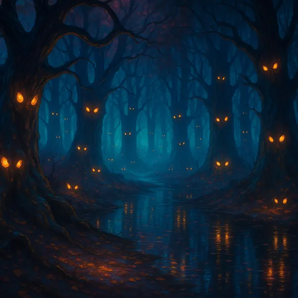 This image features a spooky forest scene perfect for a Halloween-themed puzzle.