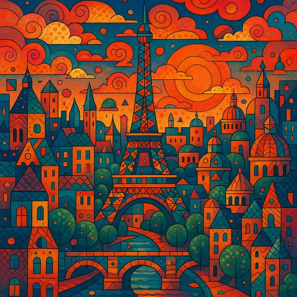 This vibrant image features a stylized depiction of Paris at sunset, showcasing the Eiffel Tower surrounded by a variety of colorful buildings.