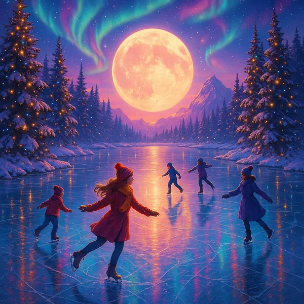 This vibrant image captures a festive scene of people ice skating on a frozen lake under a large, glowing full moon.