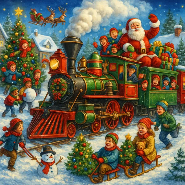 This vibrant holiday-themed image features a festive train with Santa Claus and joyful children surrounded by snow.