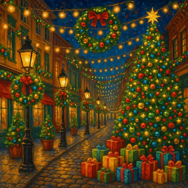 This image depicts a festive street scene adorned with holiday decorations, ideal for a puzzle.