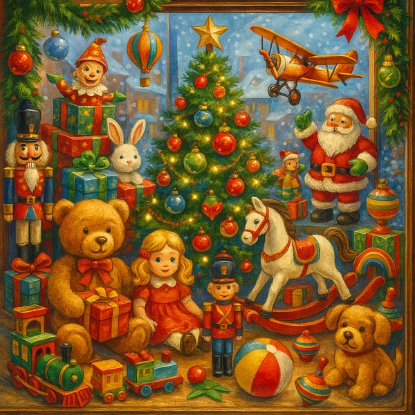 This vibrant image features a festive toy store window display, perfect for a holiday-themed jigsaw puzzle.