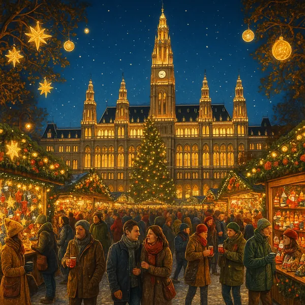 This image captures a bustling Vienna Christmas Market set against the illuminated backdrop of a grand building, likely the Rathaus.