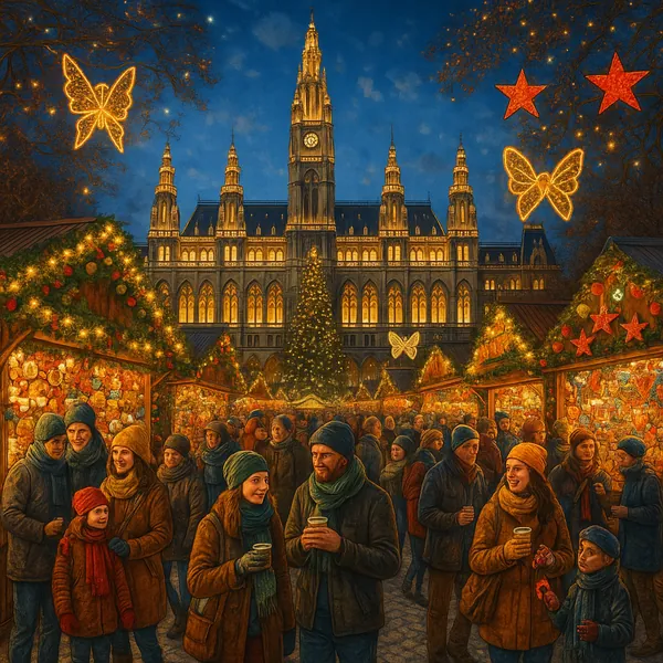 This image captures a vibrant scene of the Vienna Christmas Market, set against the backdrop of an illuminated historic building.
