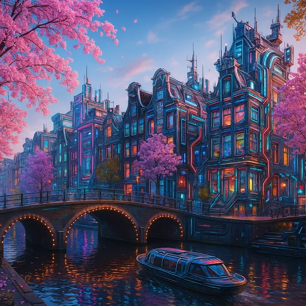 This image depicts a vibrant, photo-realistic scene of Amsterdam's canals in spring.