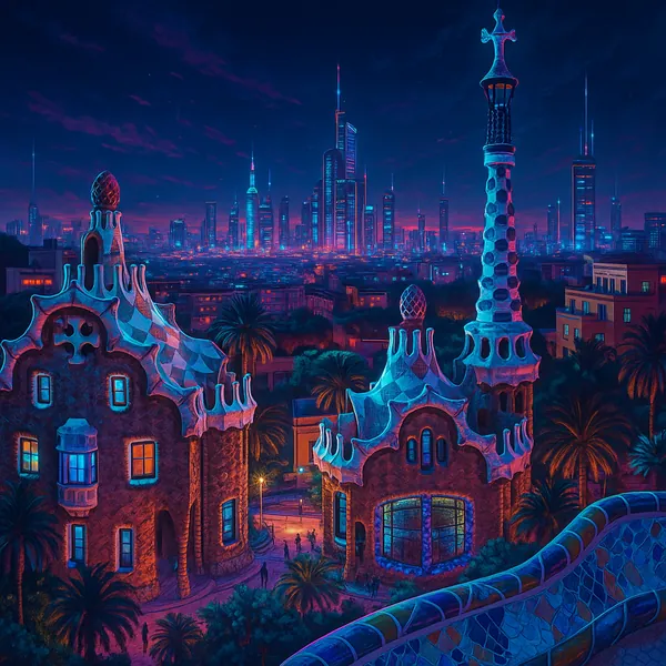 This image features a vibrant, photo-real depiction of Barcelona's Park Güell, showcasing its iconic, whimsical architecture with intricate mosaic details.