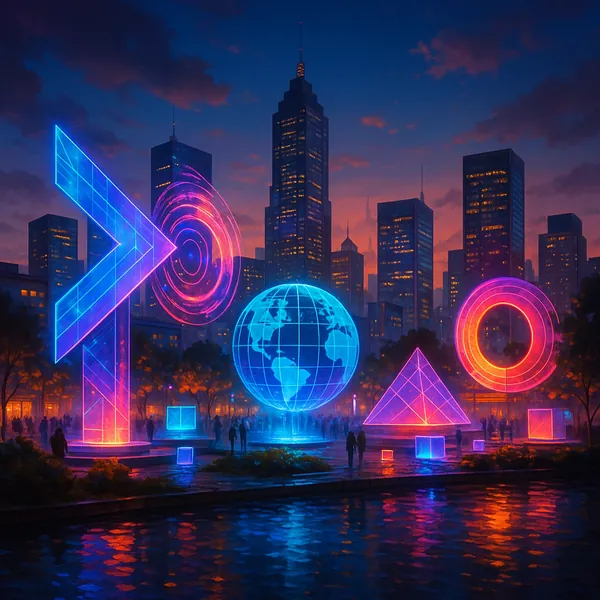 The image showcases a vibrant city skyline at dusk, illuminated by dynamic neon holographic displays in futuristic shapes.