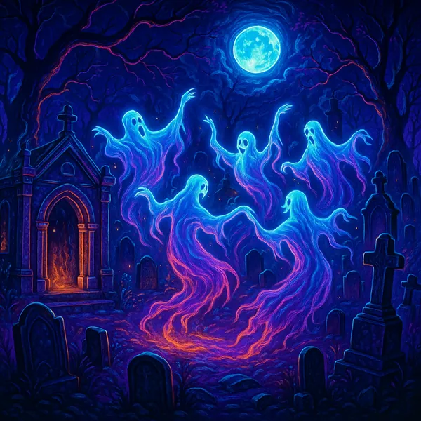 This image features an atmospheric Halloween scene with ethereal ghosts dancing in a graveyard under a bright full moon.