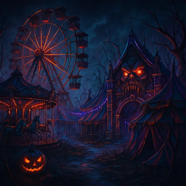 This image depicts a spooky, abandoned carnival set in a Halloween theme.