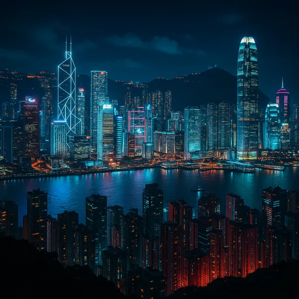 This image captures the vibrant Hong Kong skyline from Victoria Peak at night, showcasing a dazzling array of illuminated skyscrapers reflecting off the harbor.
