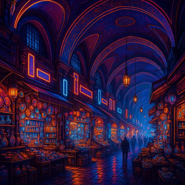 This image captures the vibrant and bustling atmosphere of the Istanbul Grand Bazaar.