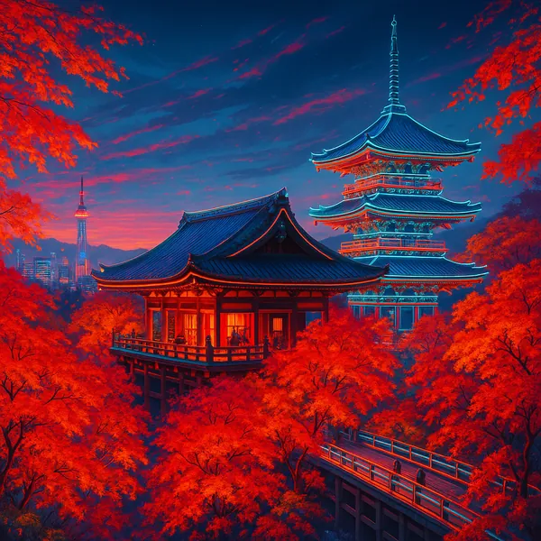This image features a stunning Kyoto temple in autumn, surrounded by vibrant red and orange foliage.