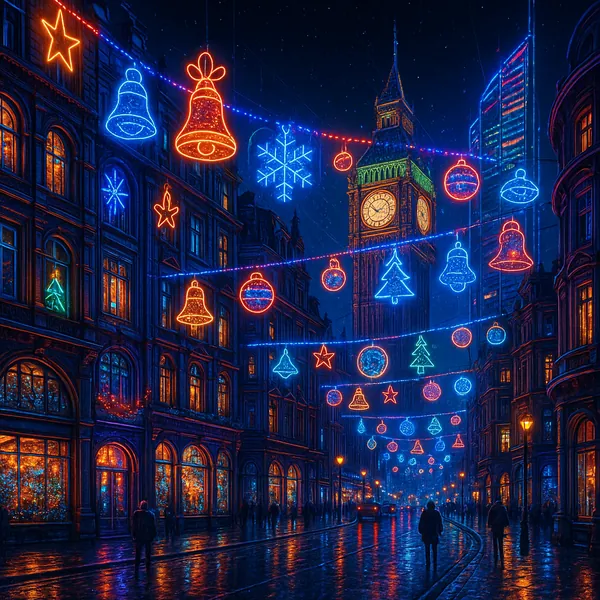 This image features a vibrant, photo-realistic depiction of London adorned with festive Christmas lights.