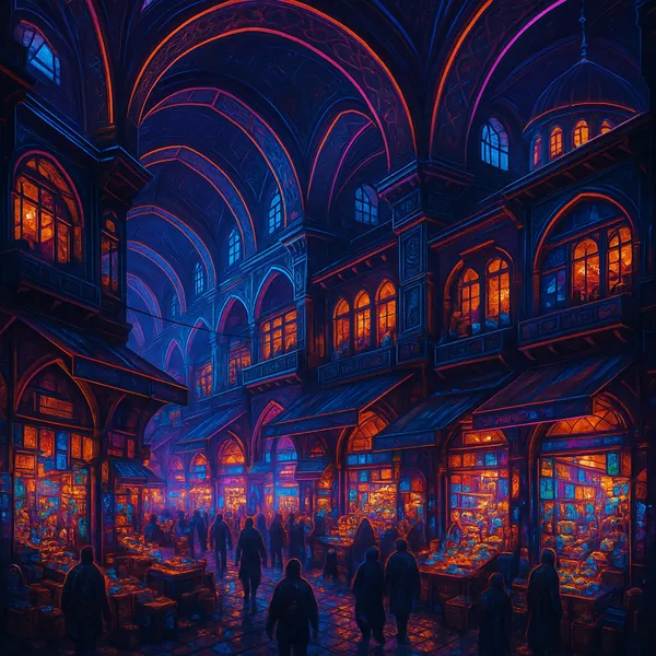 This image of the Istanbul Grand Bazaar is vibrant and detailed, showcasing a bustling urban market scene.