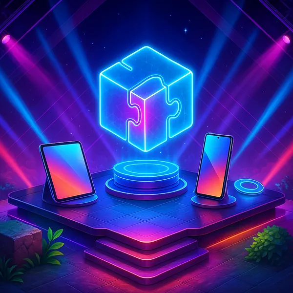 The image depicts a futuristic tech launch stage, bathed in a vibrant neon gradient palette.