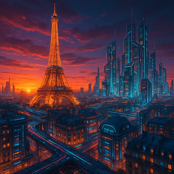 This image features a stunning view of Paris at sunset, highlighting the Eiffel Tower against a vibrant orange and blue sky.