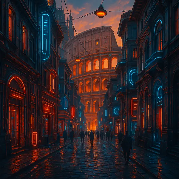 This image captures a vibrant street scene in Rome during the golden hour, ideal for a jigsaw puzzle.