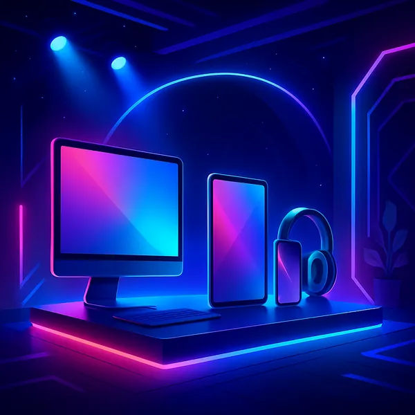 This image features a futuristic tech expo stage, illuminated by neon gradients in shades of blue and pink.